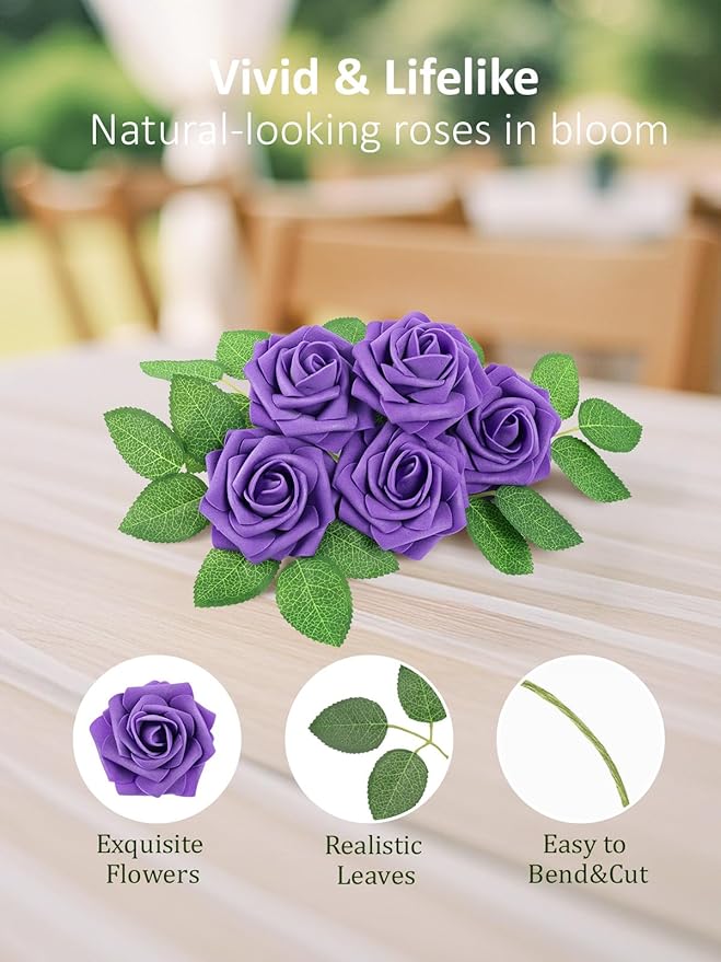 N&T NIETING Fake Flowers Purple Roses, 50Pcs Artificial Flowers Foam Roses with Stems for DIY Wedding Bridesmaid Bridal Bouquets Centerpieces Party Home Decoration Baby Showe