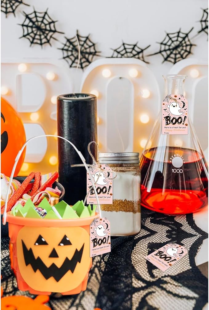 Aukolass 50Pcs Boo Gift Tags, Halloween Treat Tag for Spooky Girl Ghost Party Favor and Gift Wrapping Decoration (Pink Boo)
