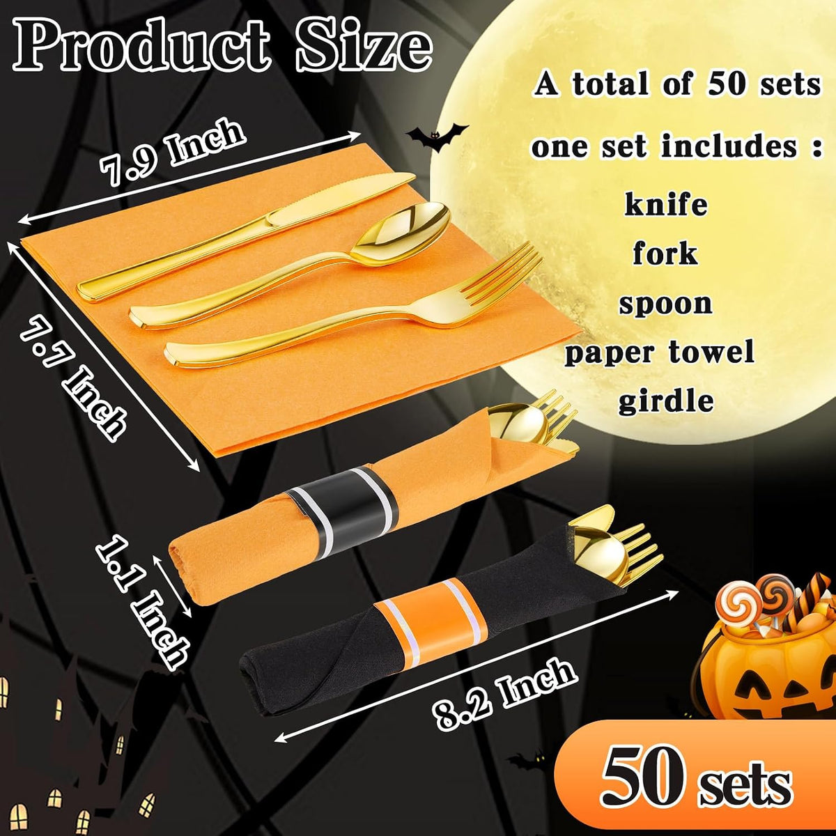 Lasnten 50 Pack Halloween Pre Rolled Plastic Silverware Set for 50 Guests