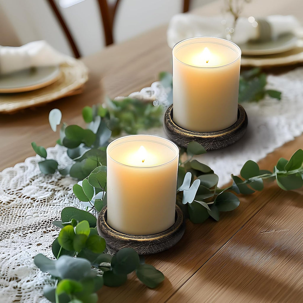 Candle Holder for Pillar Candle Set of 2, Farmhouse Wood Candle Plate, Rustic Wooden Candle Stand, Candles Tray Decorative for Living Room, Table Centerpiece, Black Gold
