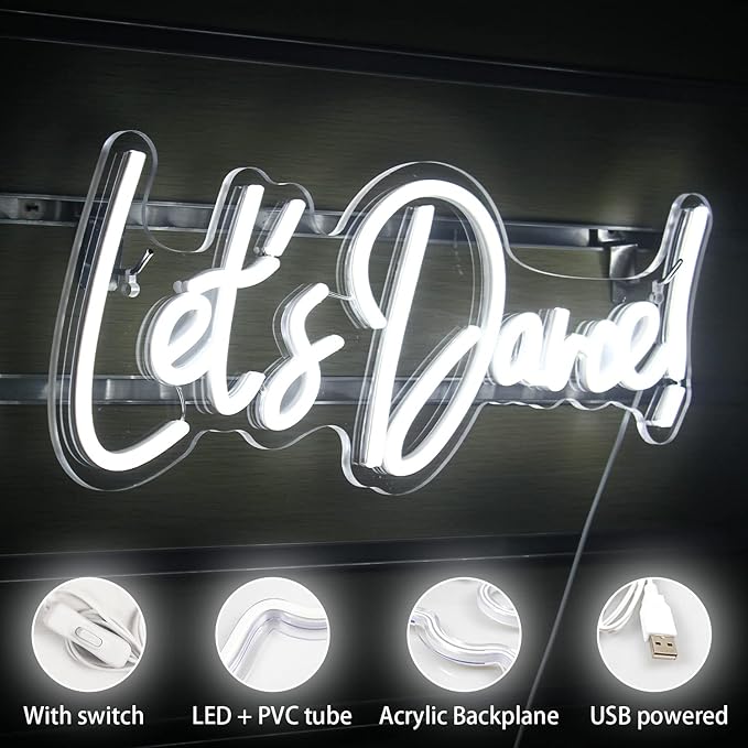 Let's Danced Neon Signs Let's Dance Neon Light Up Sign White Led Word Light Sign Neon Sign Wedding for Dancing Party,Bar Accessories,Valentines' Day,Birthday Party