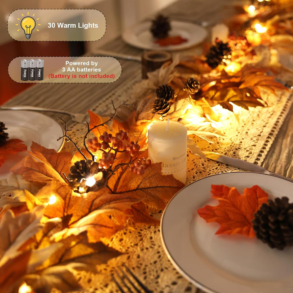 6 ft lighted fall garland with lights autumn, close-up detail