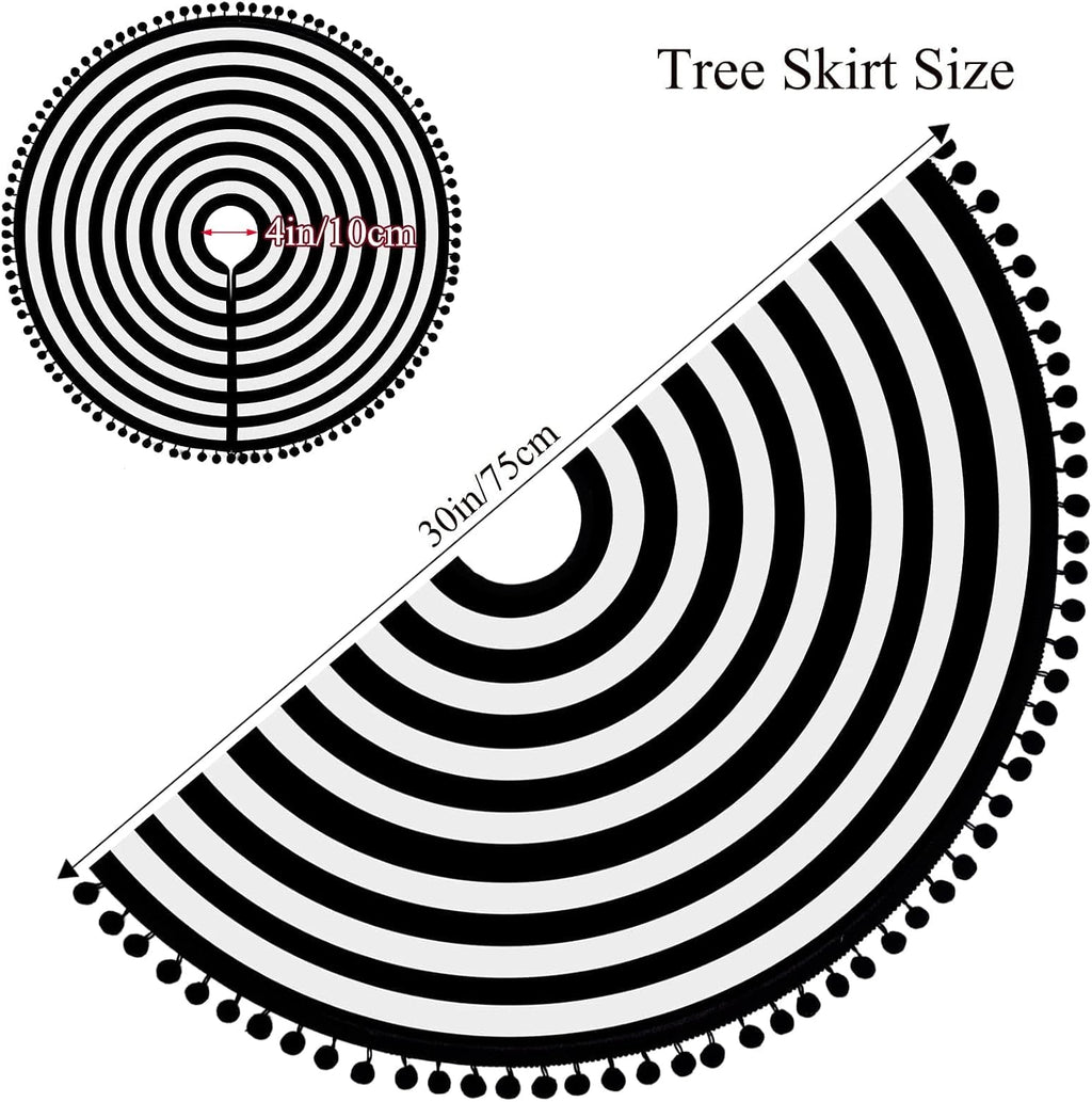 MACTING Christmas Black and White Tree Skirt, 30 Inch Annual Rings Tree Mat with Pom Poms for Xmas Tree Halloween Indoor Home Holiday Party Christmas Decorations