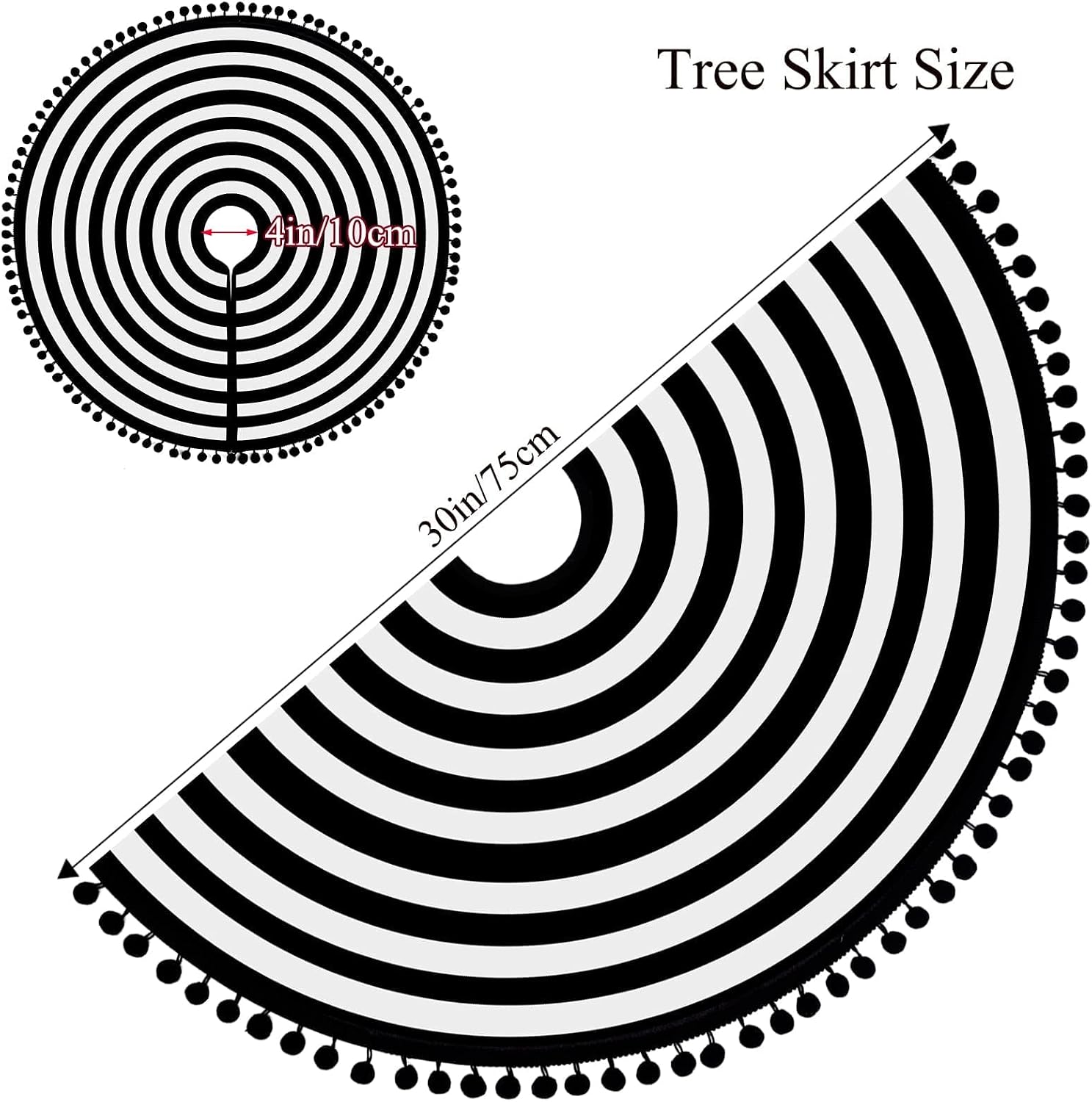 MACTING Christmas Black and White Tree Skirt, 30 Inch Annual Rings Tree Mat with Pom Poms for Xmas Tree Halloween Indoor Home Holiday Party Christmas Decorations