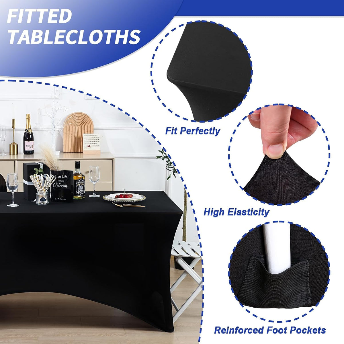 Fixwal 12 Pack 6FT Black Tablecloth Rectangle Spandex Fitted Table Cover