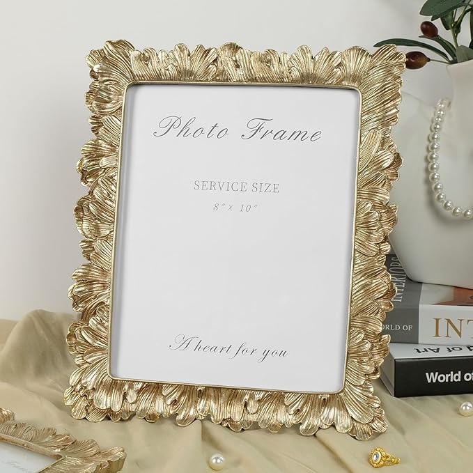 Cuspin 8x10 Picture Frame Vintage Gold Frames, Elegant Photo Frame with Glass Front, Palm Leaves Textured Hand-Crafted Resin Frame for Wall and Tabletop Display Home Decor