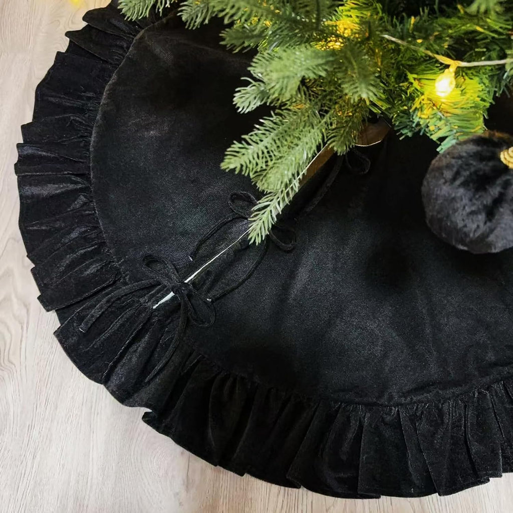 48 Inches Ruffled Velvet Christmas Tree Skirt Black with Bow Large Luxury Xmas Tree Skirt Mat for Christmas & New Year Holiday Home Party Decorations - 122cm