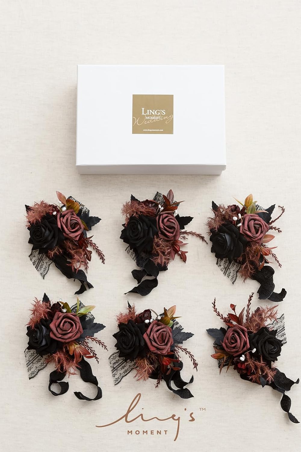 ling's moment 6pcs wrist corsage artificial flowers, black, side view