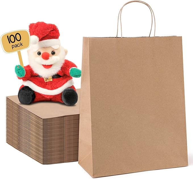 METRONIC Paper Gift Bags 10x5x13'' 100Pcs Brown Paper Bags with Handles Bulk, Kraft Paper Bags for Birthday, Shopping, Retail Small Business