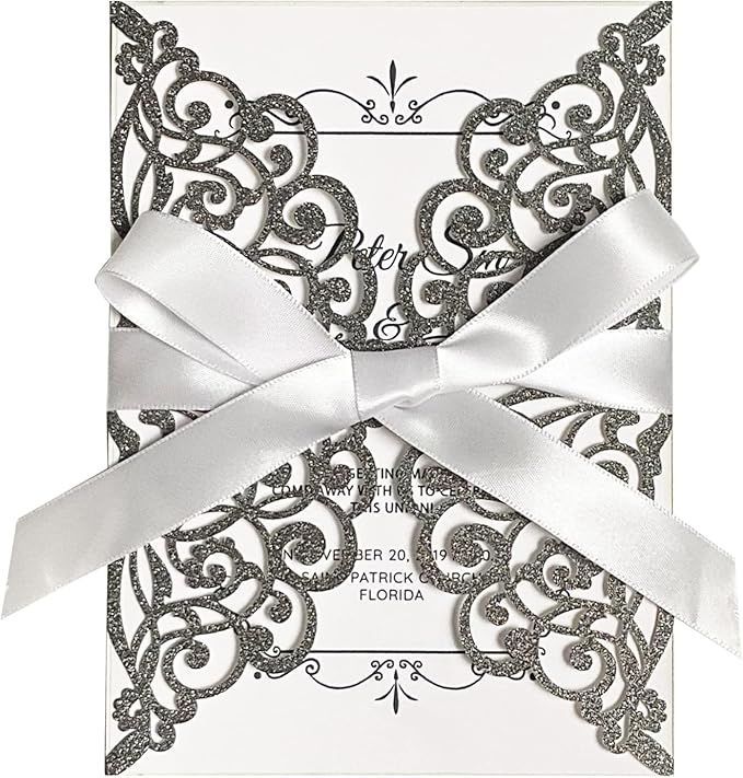 50Pcs Laser Cut Black Wedding Invitation With Glitter Envelopes And Ribbons Blank Personalized Card Invitaciones Para quinceañera Birthday Baby Shower Christmas Party Bridal Shower