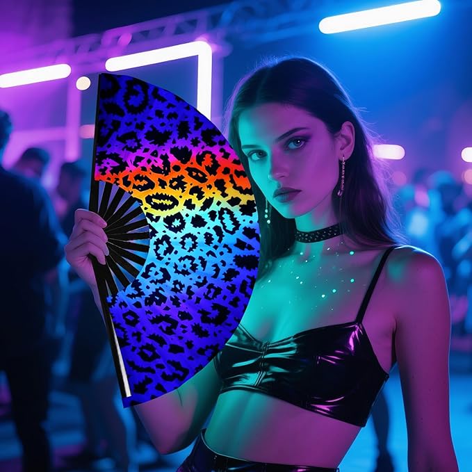 SYNTECSO Folding Hand Fan for Rave, Popping Fan for Line Dancing, Drag Queen, Women and Men Gift，Chinese Japanese UV Glow Clack Fan for Parties, Music Festivals, EDM and Decoration