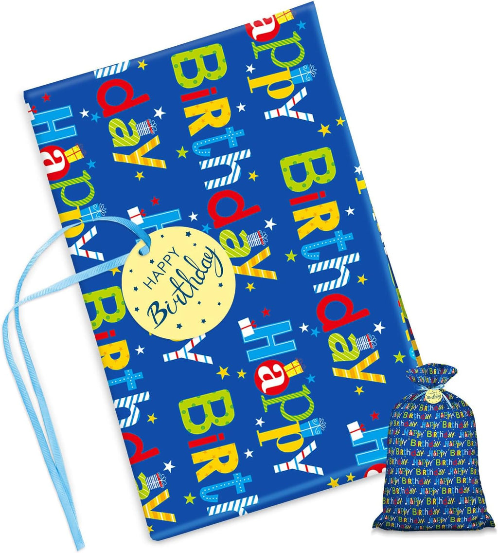 Laidans 56" Extra Large Blue Plastic Gift Bag, Jumbo Happy Birthday Gift Bag with Tag and Tie for Boy Kids Birthdays Parties or Holiday