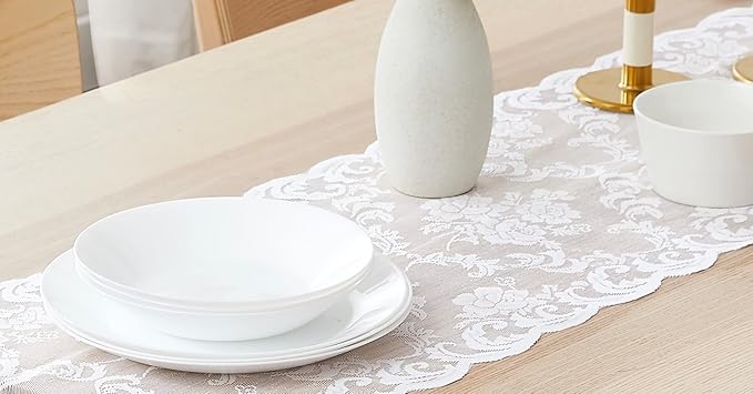 LinenZone White Table Runner with 2 Tassels for Rustic Vintage Decor. Lace Table Runner Works Great As Wedding, Thanksgiving or Christmas Decor (Mia 14 x 36, White)