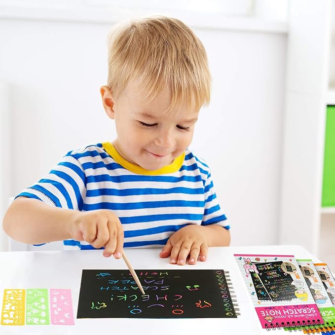 Soumore 16 Pack Scratch Notebooks, Rainbow Scratch Note Combo Art Set, Magic Scratch Painting & Sketch Art Notes Drawing Notepads for Kids - Includes Drawing Stencil and Wooden Stylu with Each Note