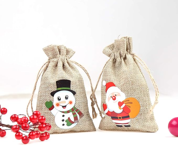 CCINEE 96pcs Christmas Burlap Gift Bags with Drawstrings Candy Goody Treat Bags with Double Jute Drawstrings 4X6 Inch