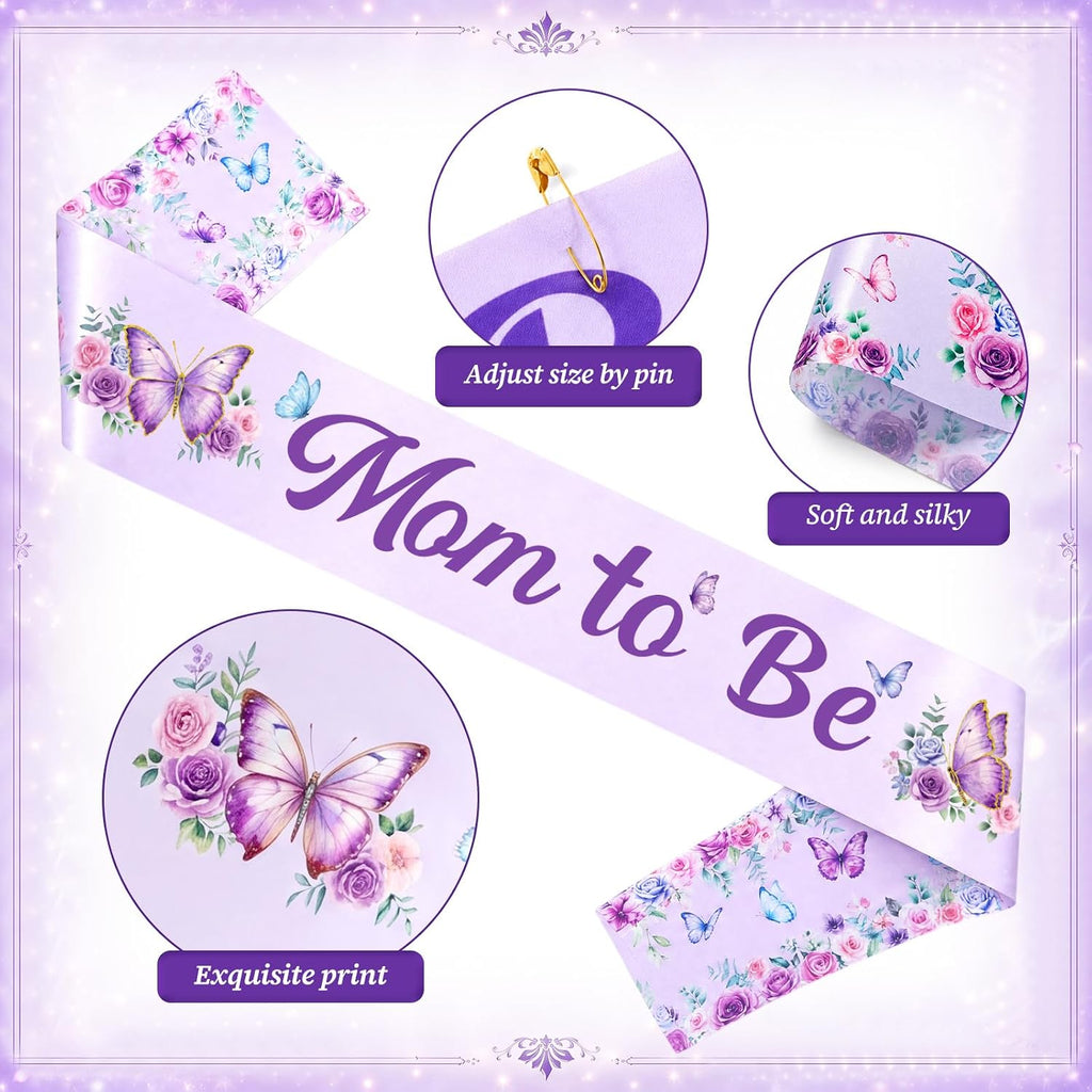 Chunful Butterfly Theme Mom to Be Sash Baby Shower Dad to Be Pin and Flower Crown Headband for Gender Reveals Party Baby Shower Party Favors for Girls Pregnancy Photo Props Gifts (Classic,Purple)