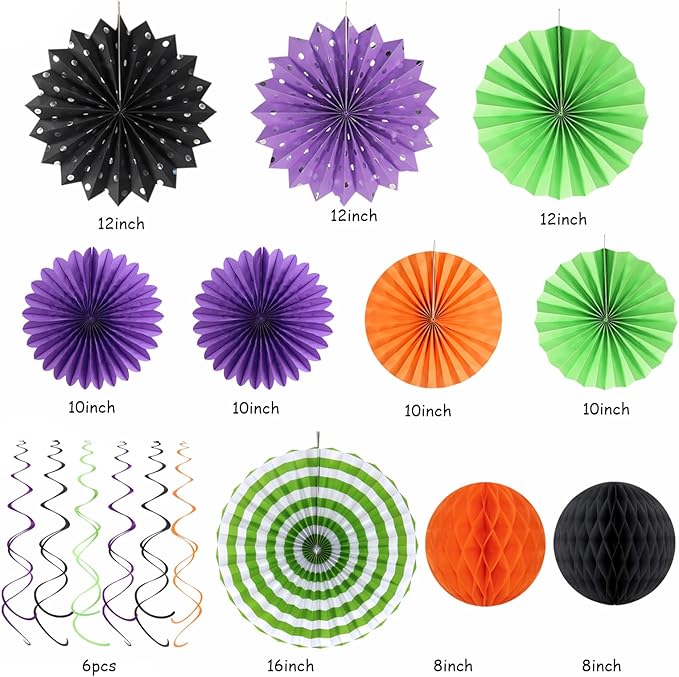 Orange Black Purple Green Party-Decorations - 33Pcs Banner,Halloween Streamers Tassel Garland,Tissue Pom Poms Honeycomb,Paper Lantern Fan,Birthday Wedding Baby Bridal Shower Decor Supplies Hugtmr