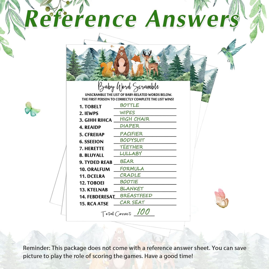 Gersoniel 135 Pieces Woodland Baby Shower Game Cards Forest Animals Baby Shower 5 Set (25 Cards Each) with 10 Pencils Predict Who Mommy or Daddy Well Wishes Woodland Creatures Theme for Boy Girl