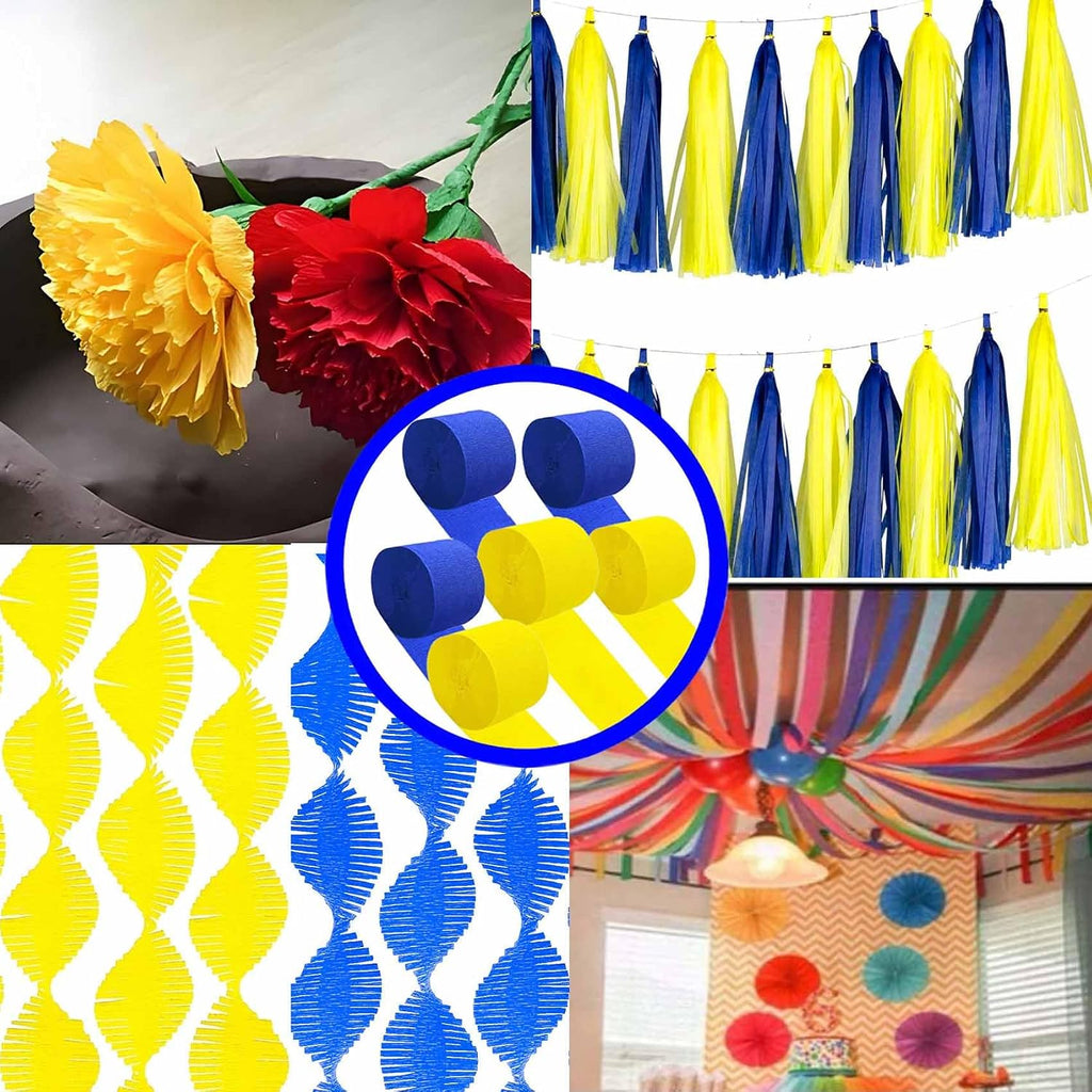 Yellow and Blue Crepe Paper 6 Pcs Streamers for Party Decorations, Birthday Wedding DIY Crafts, Gift Wrapping Supplies