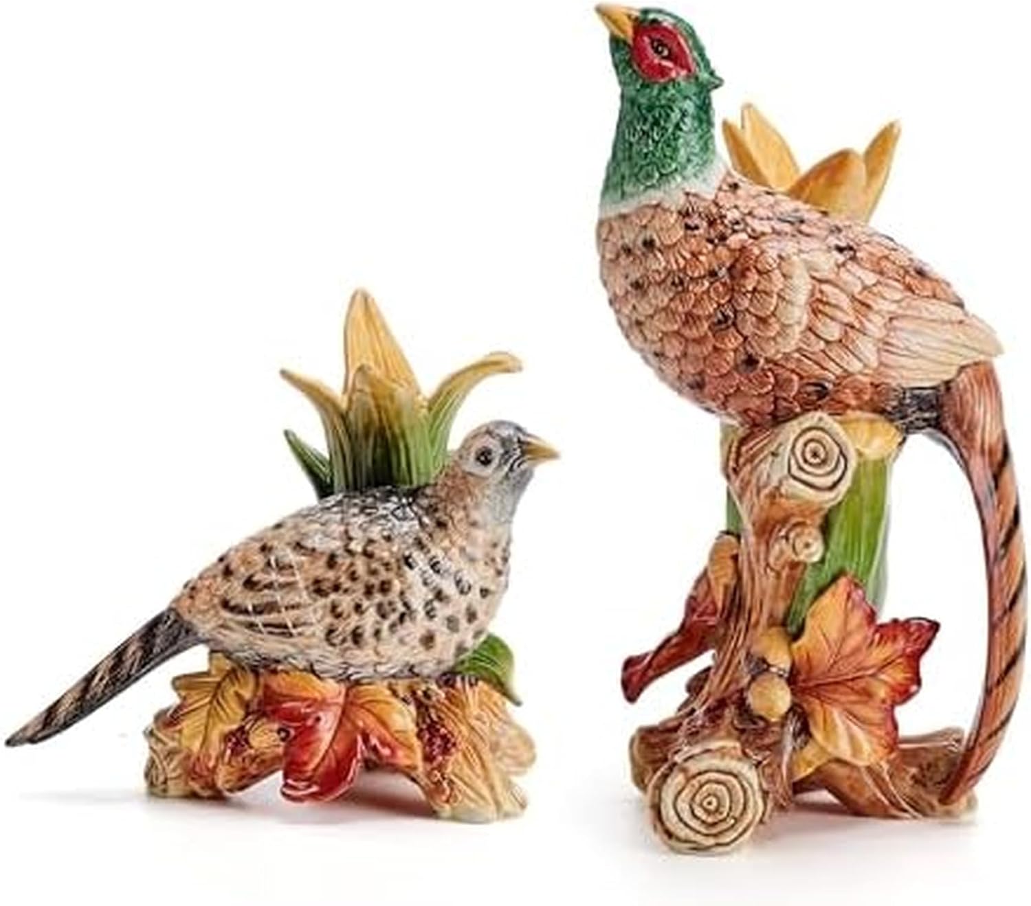 Fitz and Floyd Fall Harvest Pheasant Ceramic Figurine Candleholders, Set of 2, 10.5 and 6.25 inches Tall