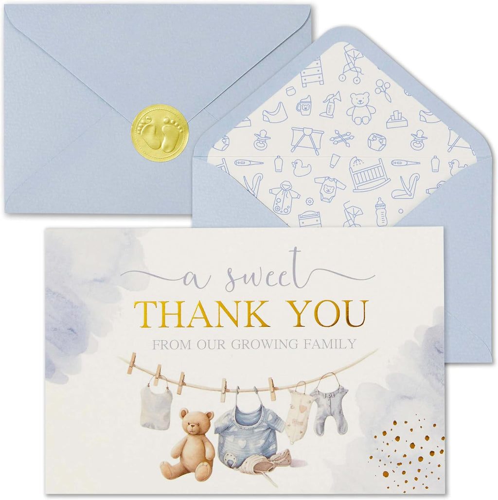 Baby Shower Thank You Cards - 50 Baby Thank You Notes with Assorted Envelopes & Stickers - Cute Watercolor & Gold Foil Delicate Greeting Cards Bulk Pack