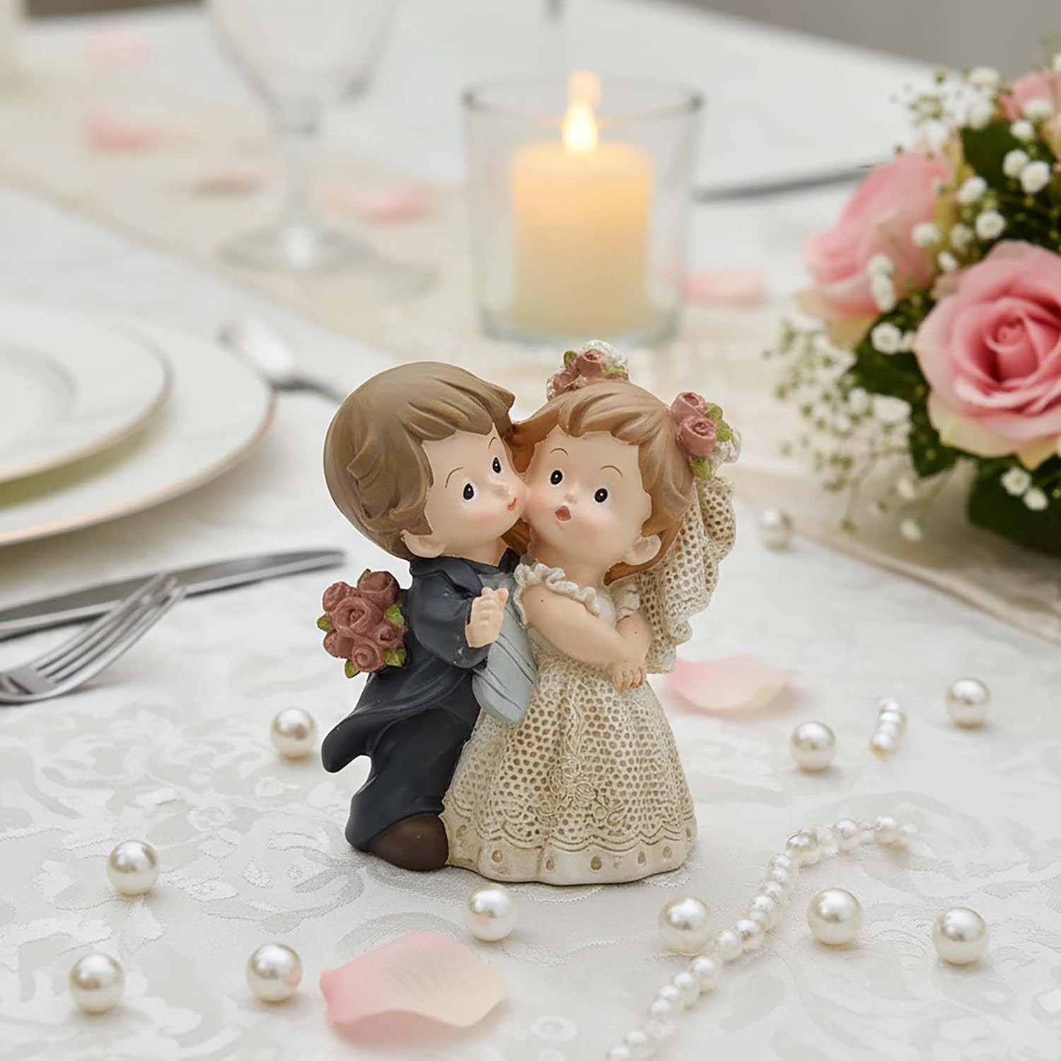 Bride and Groom Figurine, Romantic Wedding Couple Statue, 3.15 Inch | Hand-painted resin wedding cake topper with floral details for reception tables, keepsake displays and romantic gifts