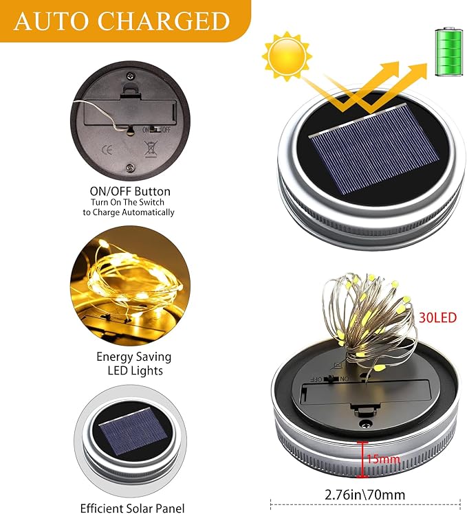 ZNYCYE Mason Jar Solar Lights for Outside, 12 Pack 30LED Fairy Firefly Lights Mason Jar Solar Lids Outdoor Waterproof String Lights with Hangers(NO Jars) for Patio Garden Yard Lawn Decor(6 Colors)