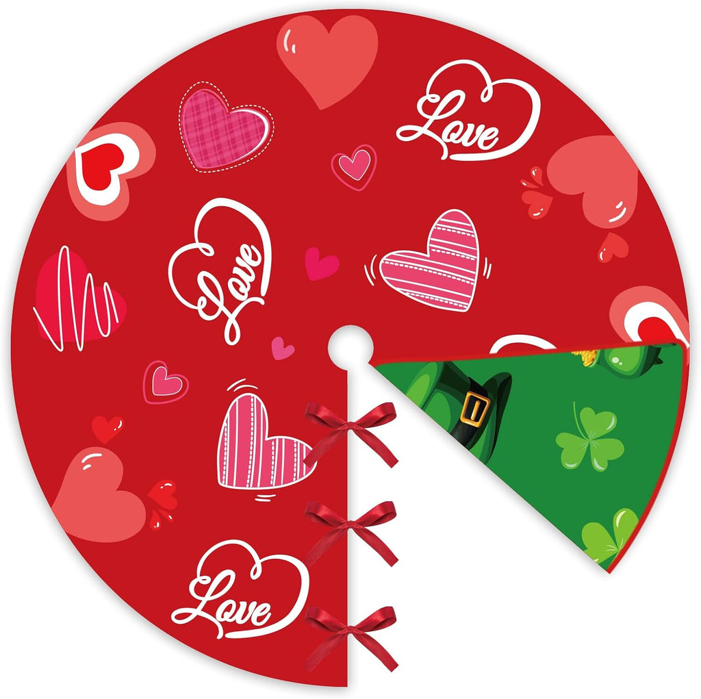 Valentine's Day Tree Skirt Valentine's Decor 36" Love Heart Clover Double Sided Print Mat for Trees St Patricks Day Decor Holiday Party Garden Indoor Home Decorations