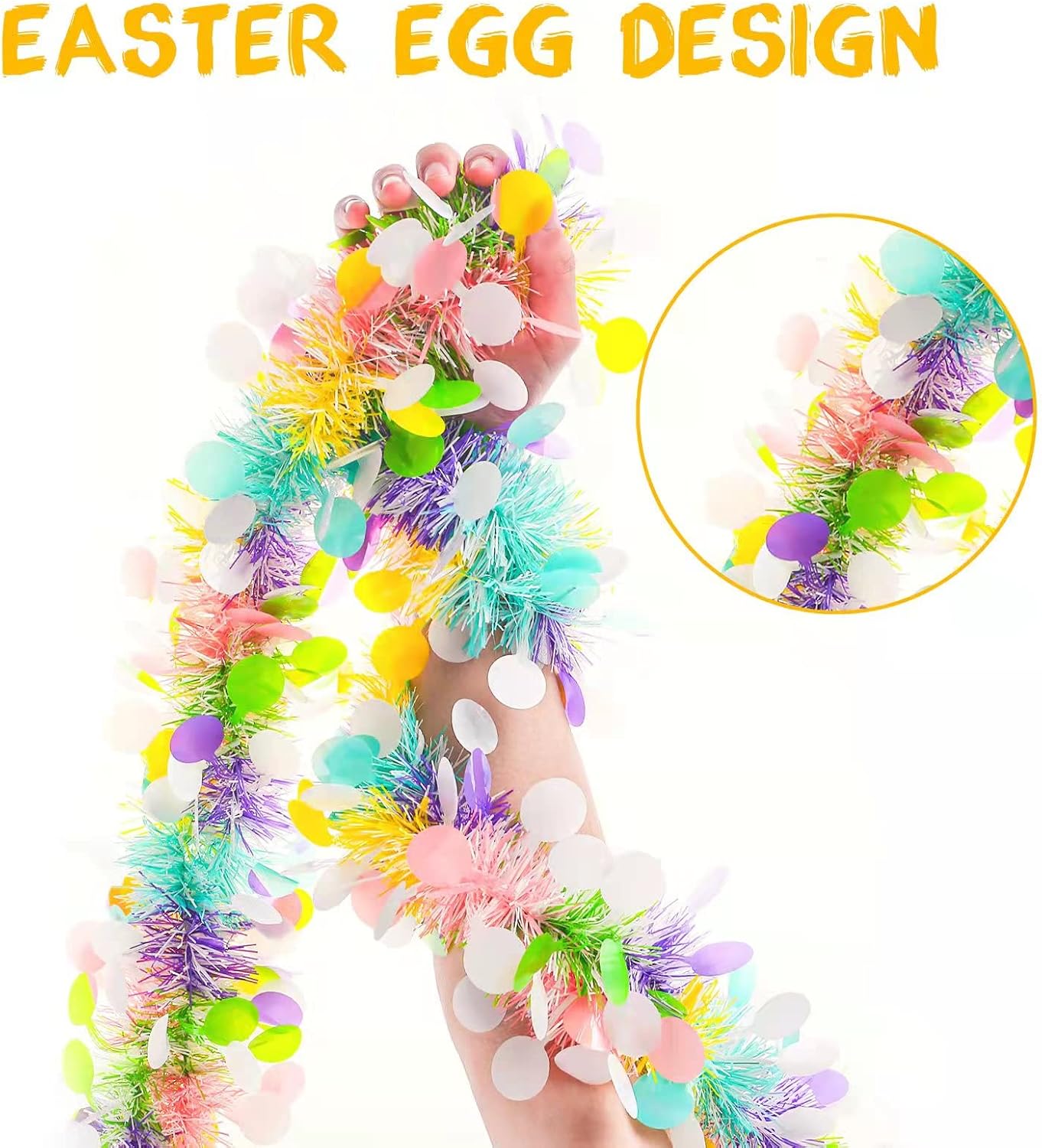 33ft Easter Tinsel Garland,Colorful Egg Tinsel Twist Garland with Confetti Spring Hanging Tinsel Ornament Decoration for Fireplace Mantel Tree Eatser Party Decoration