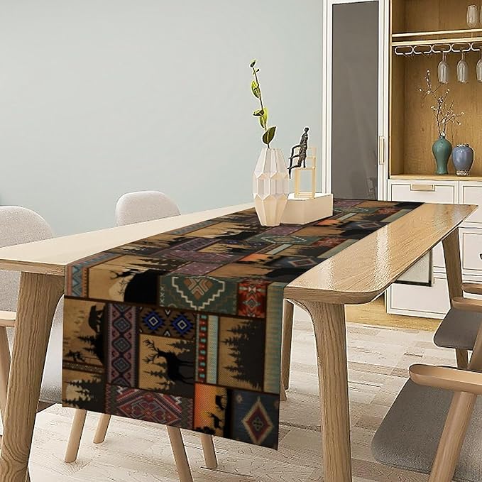 Rustic Cabin Bear Aztec Table Runner, Retro Brown Bear Rustic Theme Geometry Decoration for Home Dinner Party Living Room Bedroom Table Runner 13x70 Inch