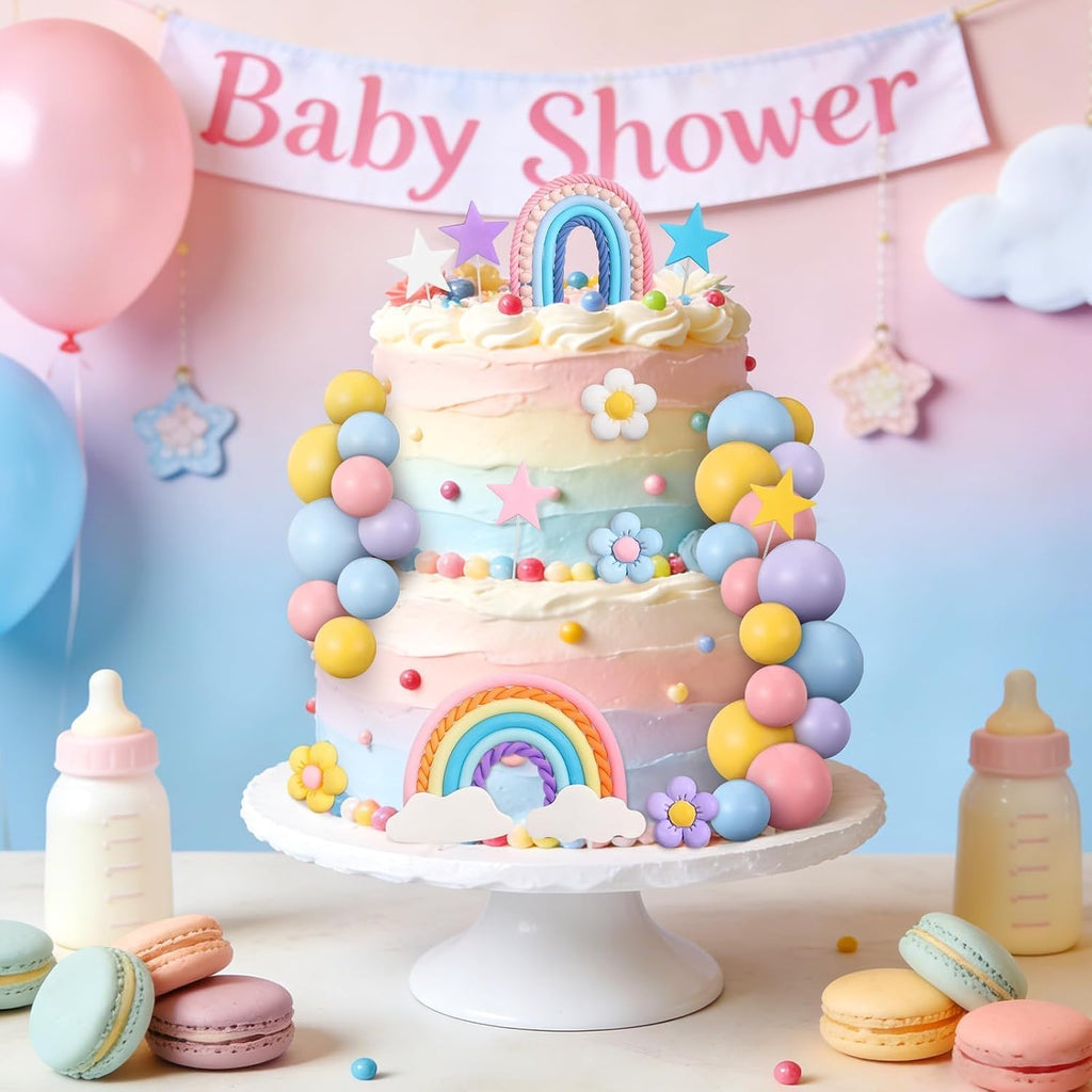 32 Pcs Rainbow Cake Topper with Flower Star Cupcake Toppers Pastel Balls Cake Topper, Boho Groovy Cake Decorations for Birthday Wedding Party