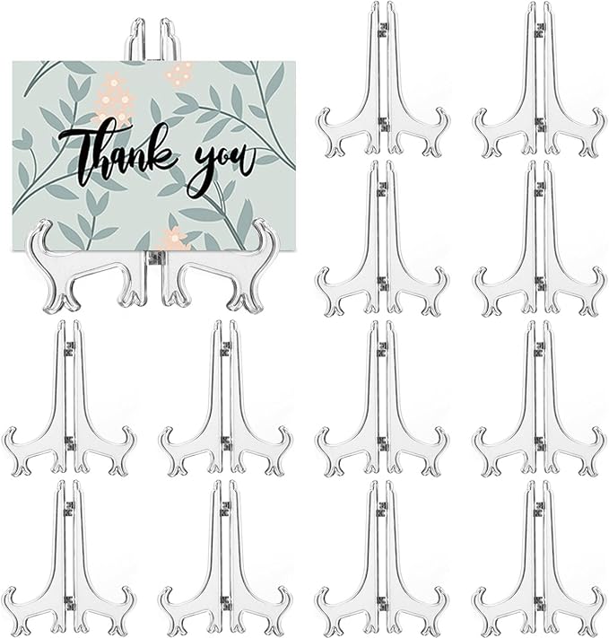 12 Pack 4 Inch Clear Plastic Easels or Stand/Plate Holders to Display Pictures or Other Items at Weddings, Plate Stands for Home Decoration, Birthdays, Tables