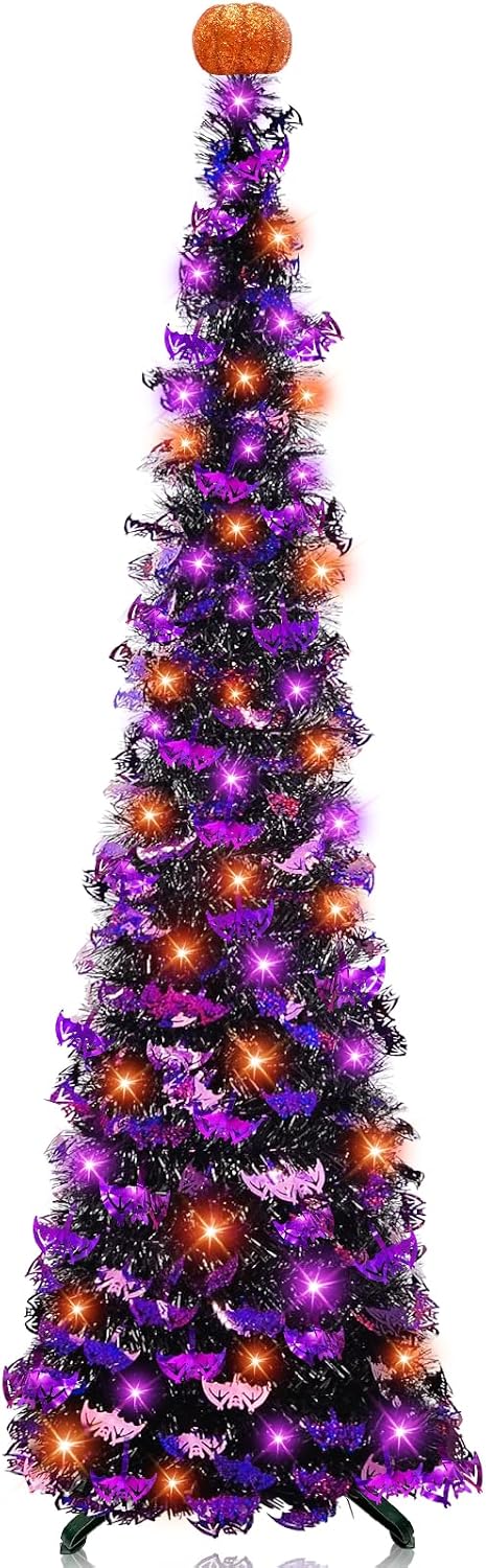 TURNMEON 6 Ft Black Tinsel Halloween Tree with Lights Halloween Decorations