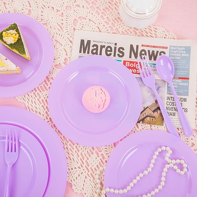 KIRE 150 PCS Purple Plastic Plates - Purple Dinnerware Set Disposable 25 Dinner & 25 Salad Plates 25Forks 25Knives 25Spoons 25Clear Cups for Birthday/Baby Shower