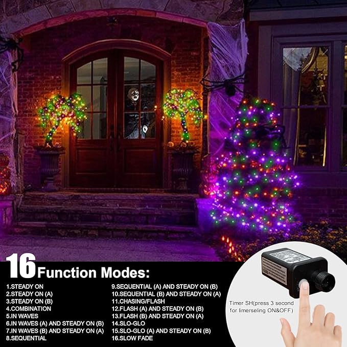 LAMPHOME 33ft Halloween Decorative Mini Lights, 100 LED Clear Wire Fairy Starry String Lights Plug in, 16Lighting Modes for Halloween Outdoor Party Decoration (Orange/Purple/Green)
