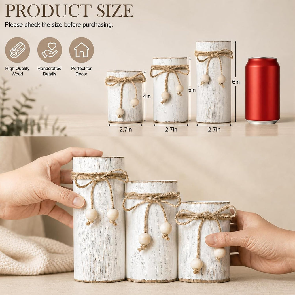 White Wooden Candle Holder with Flameless LED Candles Farmhouse Decor 3p | Farmhouse Centerpieces for Table 3-Pack With Battery Operated for Candles Holiday Party Home Decor