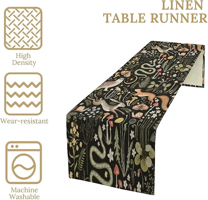 Mushroom Table Runner,Vintage Boho Forest Wild Animal Wildflower Botanical Plants Pattern Print Burlap Hotel Indoors Outdoor Dining Room Kitchen Holiday Party, 13x36in
