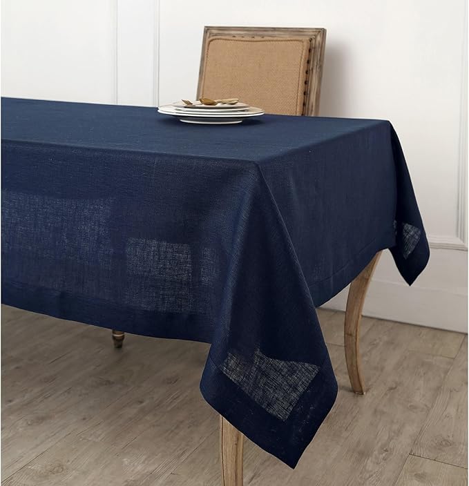 Solino Home Navy Blue Linen Tablecloth 60 x 144 Inch - 100% Pure Linen Table Cloth for Rectangle Tables - Fete, Machine Washable Tablecloth for Fall, Autumn, Thanksgiving, Christmas, Holiday