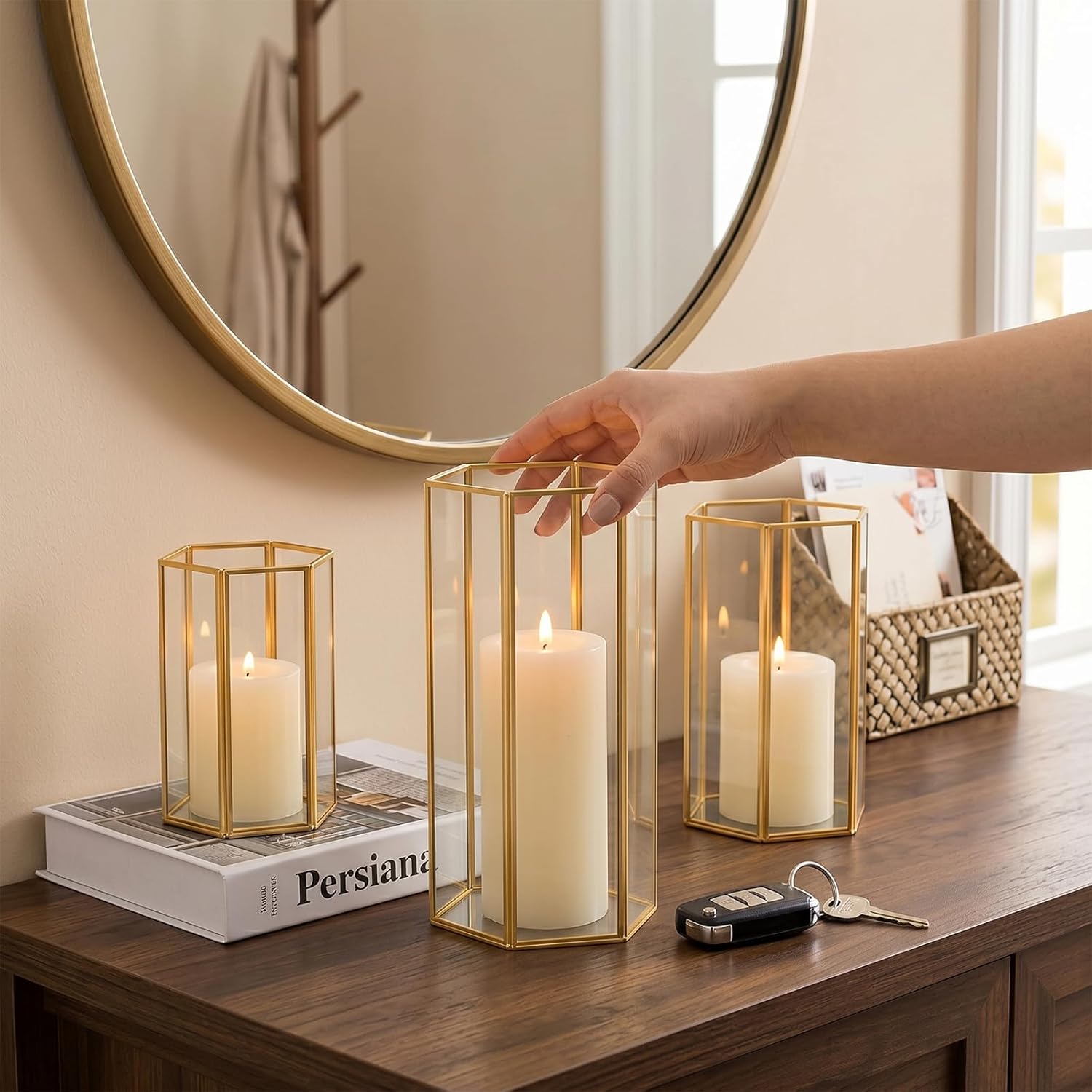 Glass Hurricane Candle Holder, Set of 3 Large Clear Hexagon Lanterns Pillar Candle Lantern with Gold Metal Frame Wedding Centerpiece Table Decor Home Decorations