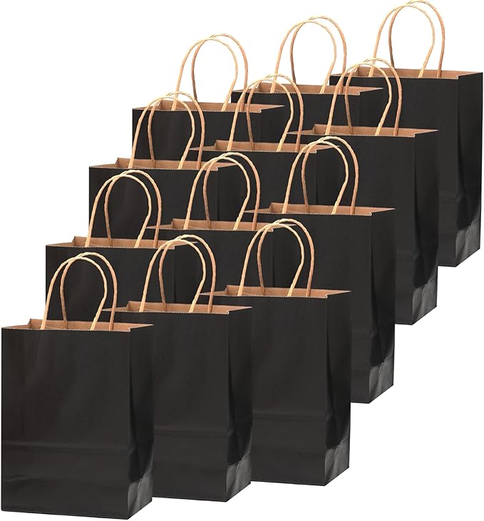 qiqee 50-Packs Black Paper Gift Bags with Handles Bulk 8.3"x3"x 6" Small Size Paper Bags Multiple Uses(Small Size)