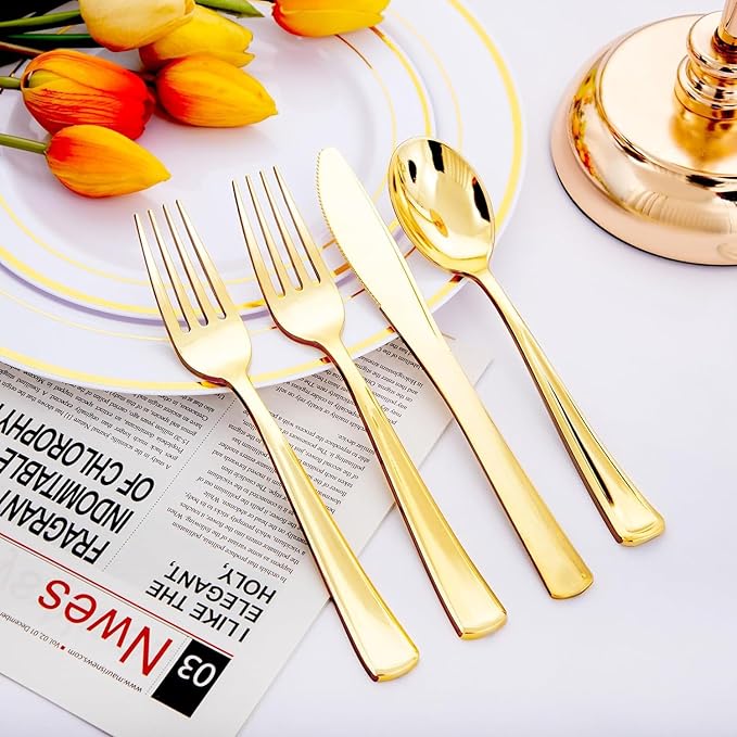 NOCCUR 400PCS Gold Plastic Silverware - Gold Plastic Cutlery Include 200 Forks, 100 Spoons, 100 Knives, Disposable Silverware Perfect for Party&Daily Using