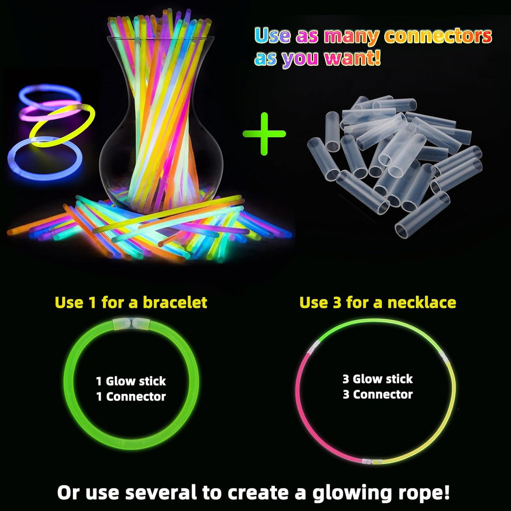 HONLYNE 100 Pack Glow Sticks Party Favors Bulk, 8" Glow in the Dark Party Supplies, Party Favors for Kids 8-12, Neon Glow Stick Bracelets & Necklaces for Raves, Halloween, Christmas, Birthdays