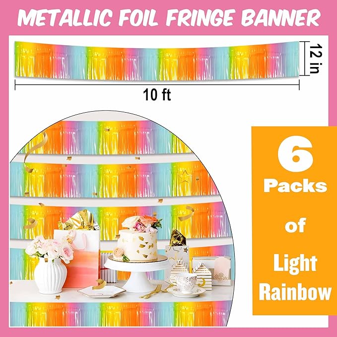 6 Pack 10 Ft Light Rainbow Foil Fringe Garland Metallic Streamers Tinsel Banner Wall Hanging Garland Backdrop for Parade Floats, Halloween, Christmas, Thanksgiving, New Year Party Decorations