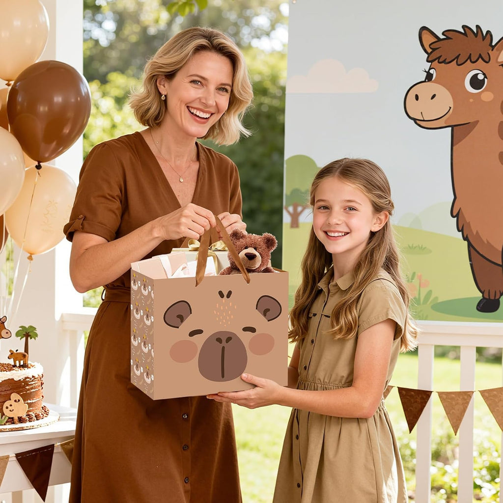Large Capybara Birthday Gift Bag,Cute Capybara Wrapping Paper Bag Brown Capybara Party Decoration Gift Bag with Tissue Paper and Greeting Card for Capybara Animal-Themed Birthday Party Supplies