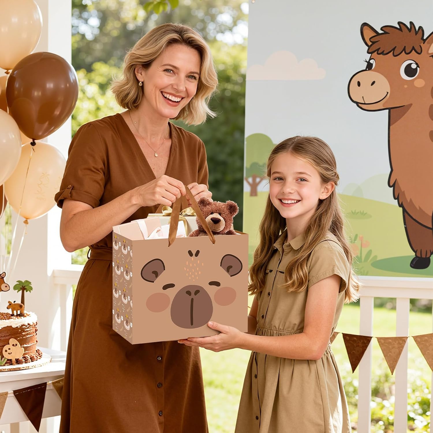 Large Capybara Birthday Gift Bag,Cute Capybara Wrapping Paper Bag Brown Capybara Party Decoration Gift Bag with Tissue Paper and Greeting Card for Capybara Animal-Themed Birthday Party Supplies