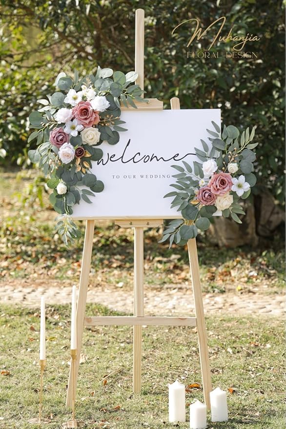 Wedding Sign Faux Flower Swag (Pack of 2) for Ceremony Party Reception Entrance Floral Decor Wall Easel Stand for Wedding Poster Welcome Sign (Champagne&Dusty Rose)