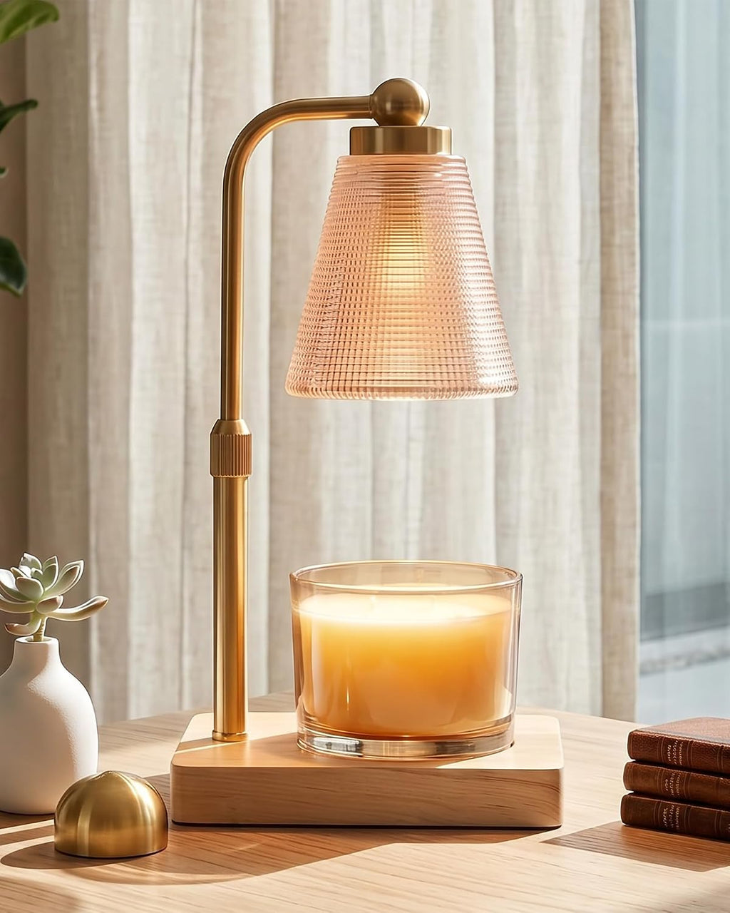 Candle Warmer Lamp with Timer - Adjustable Height & Brightness - Wood Base Glass Shade - 2 Bulbs Included(Square Gold)