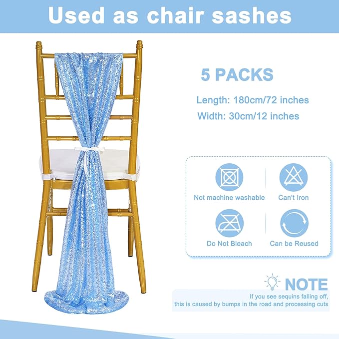 Sequin Table Runners 5 Pieces Baby Blue Table Runners 12x72 Inch Glitter Table Cover for Party Wedding Birthday Reception Banquet Decoration Spring Party Chair Sashes