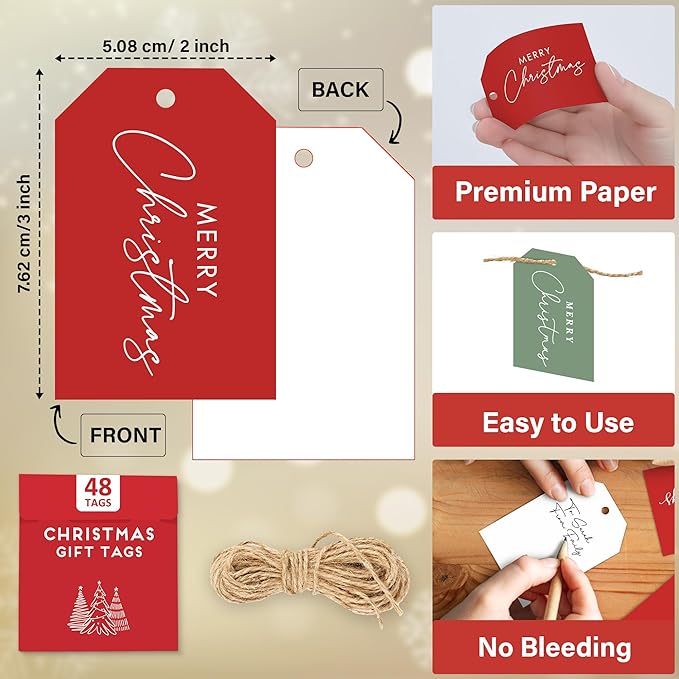 Elegant Christmas Gift Tags with String, 48 Premium Holiday Labels to Personalize Your Presents & Gift Bags, Christmas Tags for Xmas