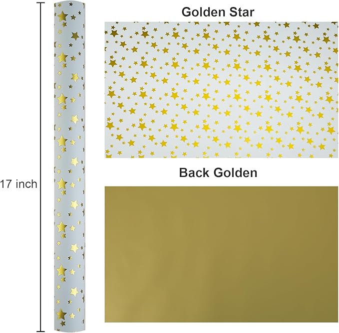 Burymento Gold Foil Five-Pointed Star Wrapping Paper, Reversible Gold Gift Wrap for Birthday, Valentines, Mothers day, Graduation, Wedding, Fathers day, Baby Shower, Christmas (17in x 32.8ft)